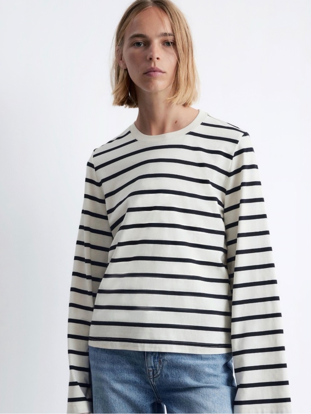 & Other Stories Cream and Black Striped Long-Sleeve Crewneck Top